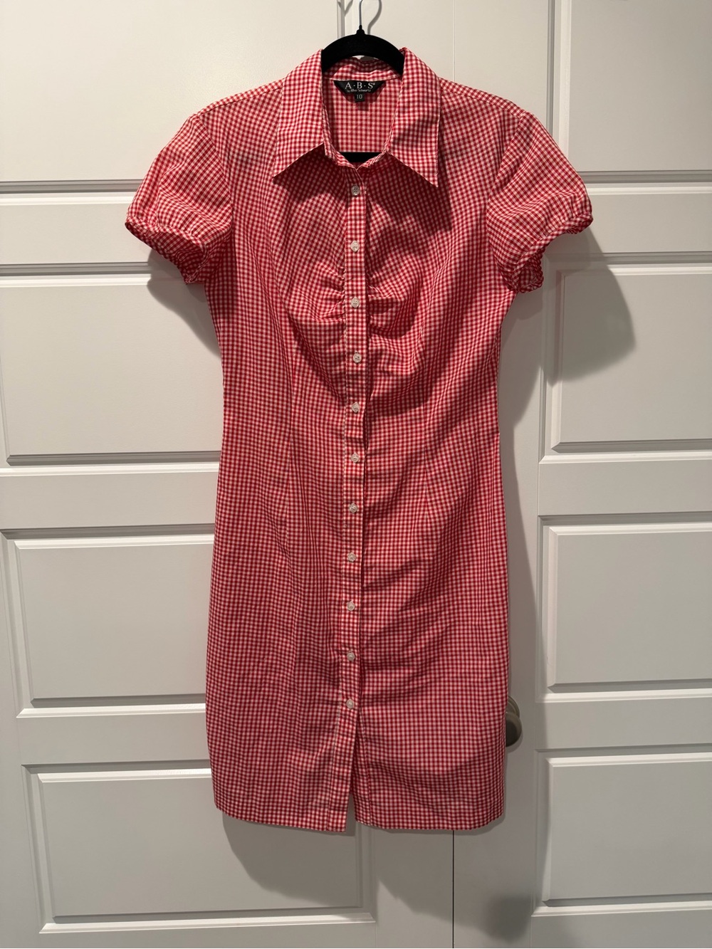 Vintage A·B·S Allen Schwartz Red & White Gingham Mini Fitted Shirt Dress Size 10